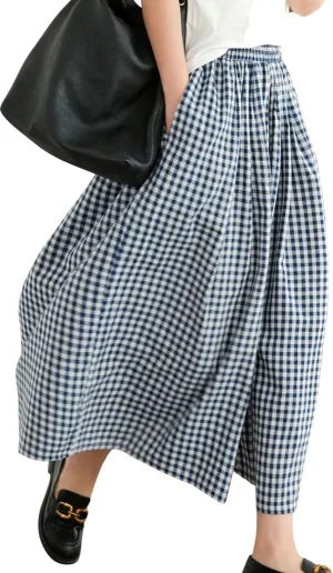 Women's Baggy Plaid Cotton Linen Pants Elastic Waist Gingham Wide Leg Palazzo Capri Pants