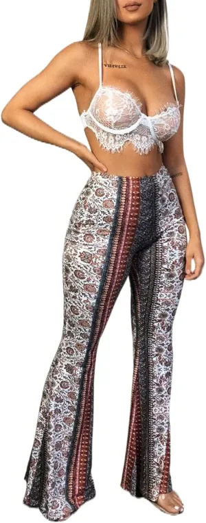 Womens Boho Flare Pants Retro Floral Print High Elastic Waist Bell Bottom Straight Wide Leg Yoga Palazzo Trousers