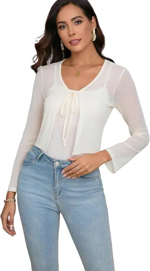 Women's Bolero Sheer Shrug Tie Front Crop Cardigan Lightweight Stretch Long Sleeve Summer Cover Up S-2XL