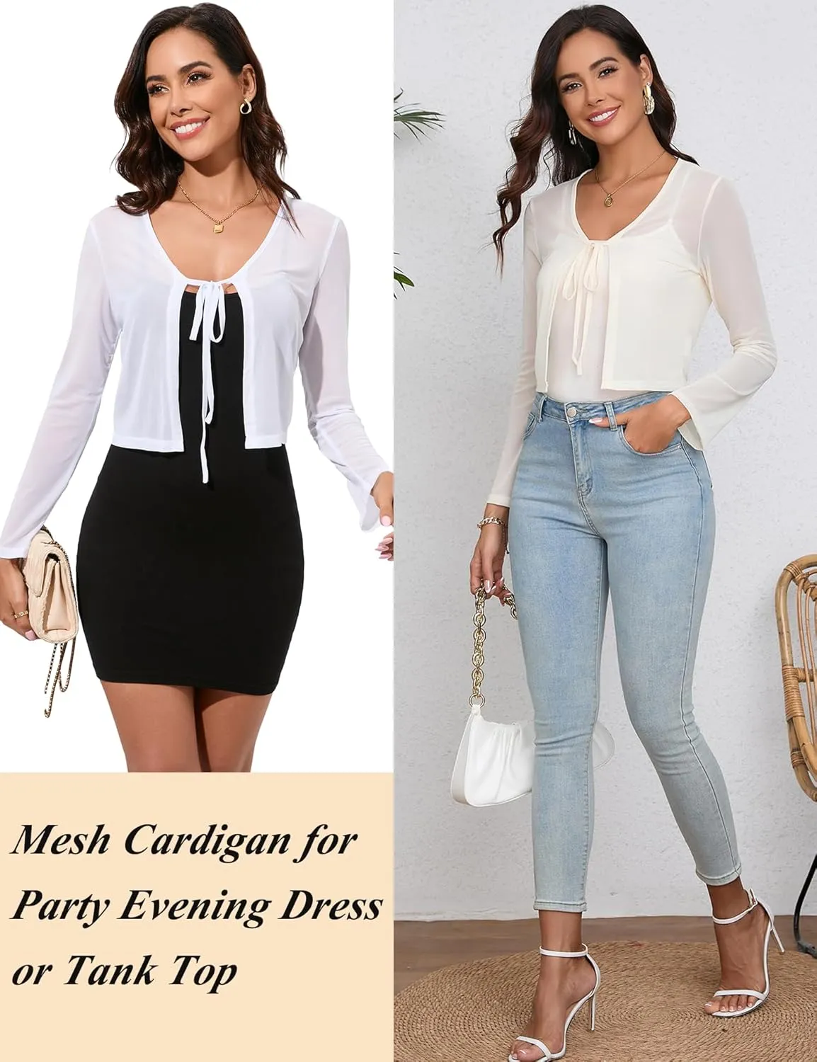 Women's Bolero Sheer Shrug Tie Front Crop Cardigan Lightweight Stretch Long Sleeve Summer Cover Up S-2XL