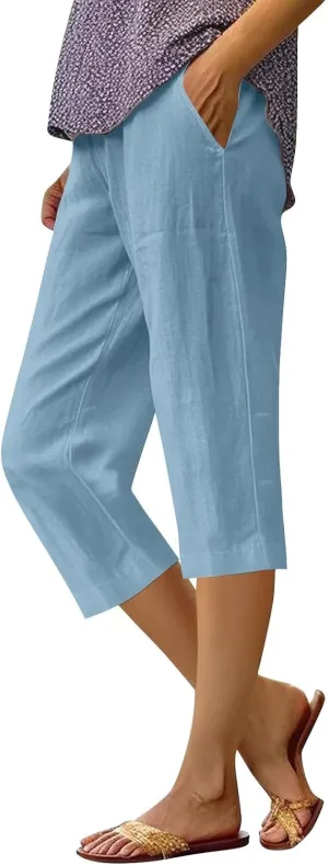 Women's Capri Pants High Waisted Linen Sweatpants Drawstring Petite Summer Beachwear Lightweight Elastic Waist Pants