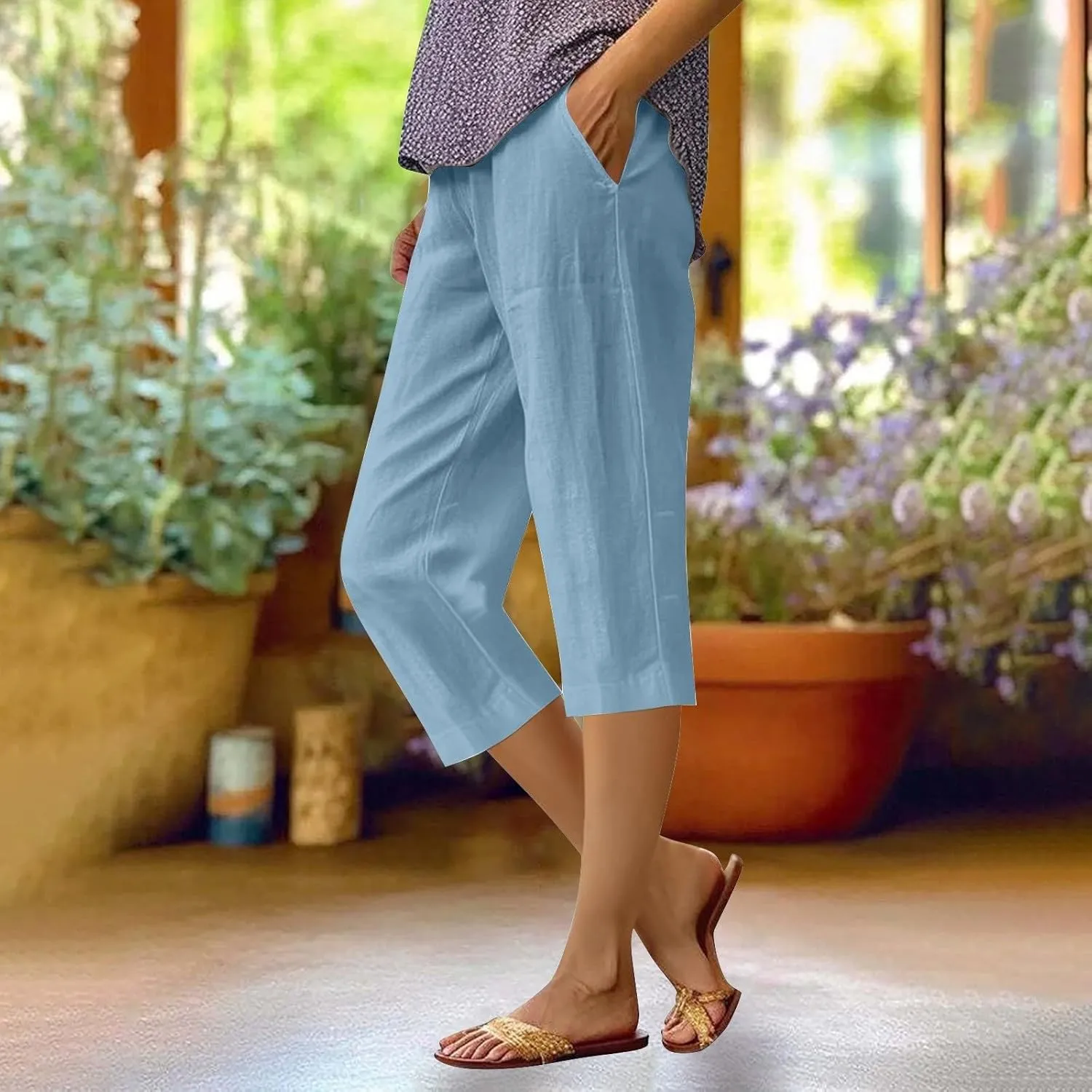 Women's Capri Pants High Waisted Linen Sweatpants Drawstring Petite Summer Beachwear Lightweight Elastic Waist Pants