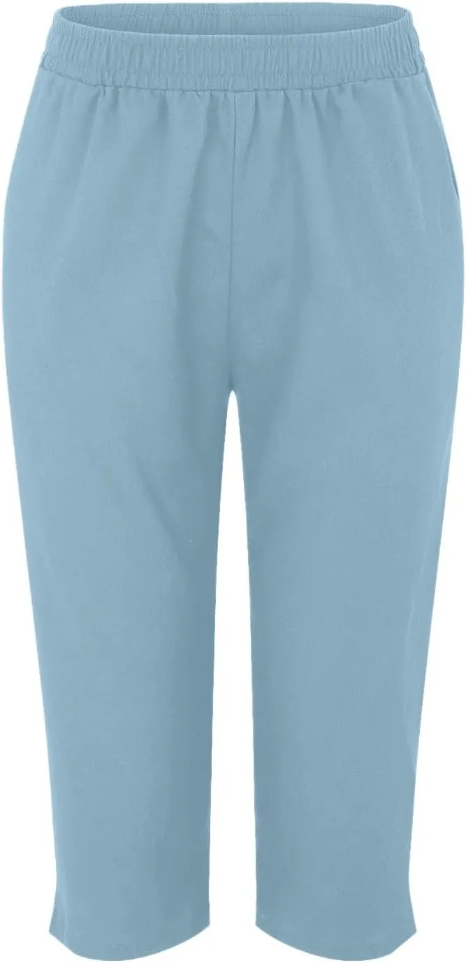 Women's Capri Pants High Waisted Linen Sweatpants Drawstring Petite Summer Beachwear Lightweight Elastic Waist Pants