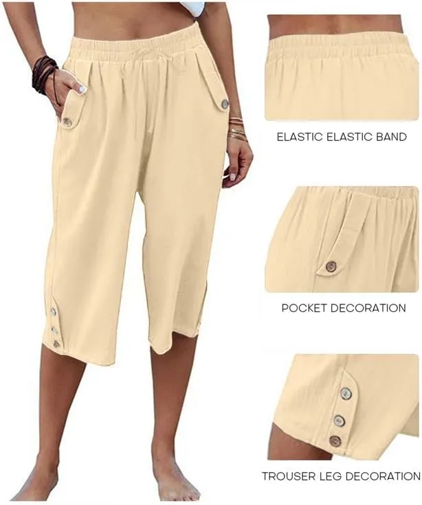 Womens Casual Capri Pants Elastic Waist Solid Color Pants