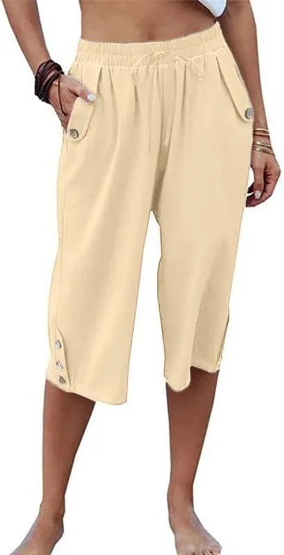 Womens Casual Capri Pants Elastic Waist Solid Color Pants