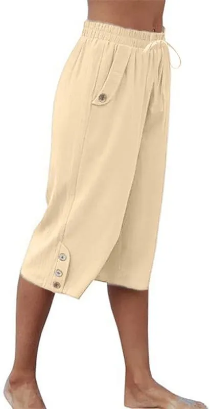 Womens Casual Capri Pants Elastic Waist Solid Color Pants