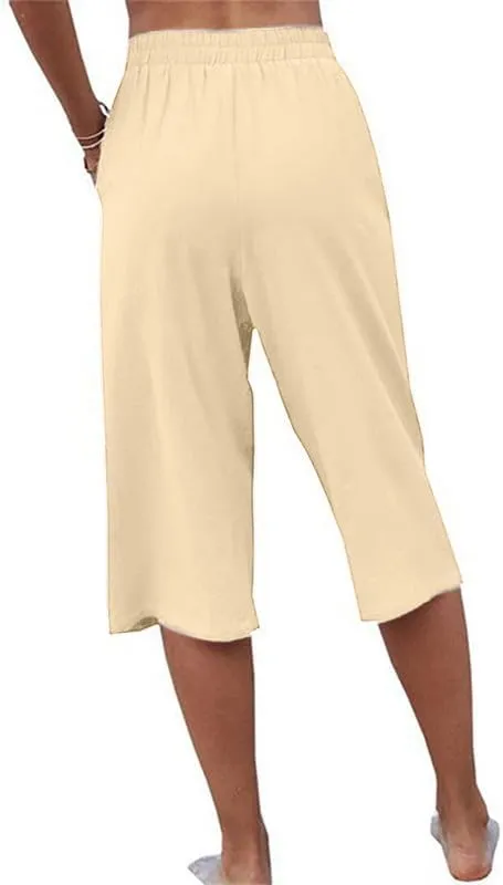 Womens Casual Capri Pants Elastic Waist Solid Color Pants