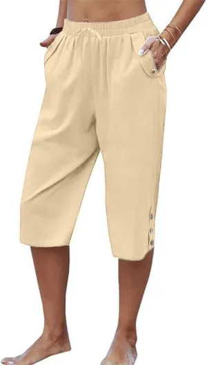 Womens Casual Capri Pants Elastic Waist Solid Color Pants