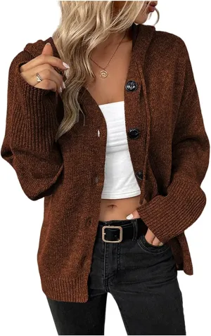 Women's Casual Cardigan 2024 Button Down V Neck Hooded Sweaters Long Sleeve Hoodies Outfits