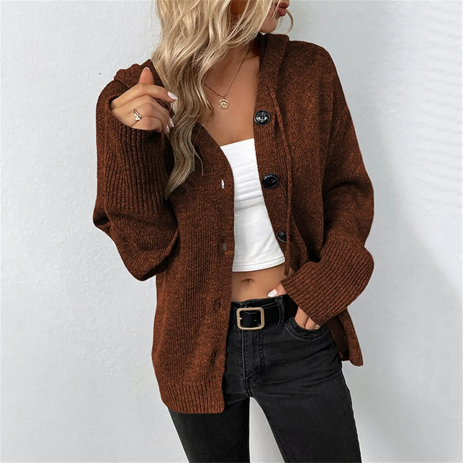 Women's Casual Cardigan 2024 Button Down V Neck Hooded Sweaters Long Sleeve Hoodies Outfits