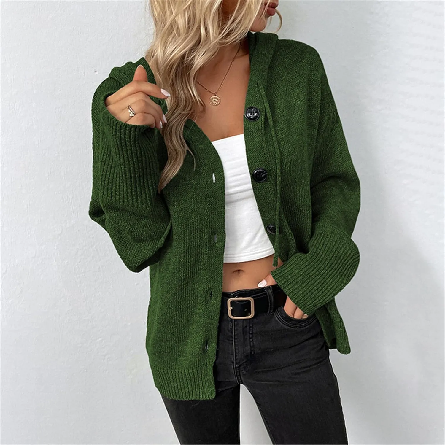 Women's Casual Cardigan 2024 Button Down V Neck Hooded Sweaters Long Sleeve Hoodies Outfits