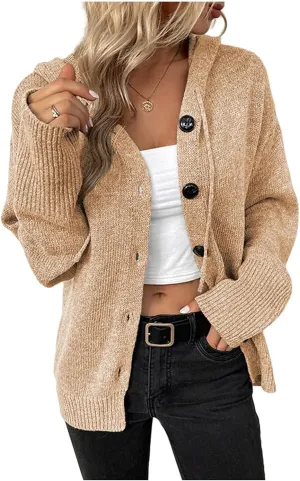 Women's Casual Cardigan 2024 Button Down V Neck Hooded Sweaters Long Sleeve Hoodies Outfits