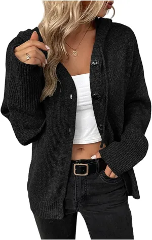Women's Casual Cardigan 2024 Button Down V Neck Hooded Sweaters Long Sleeve Hoodies Outfits