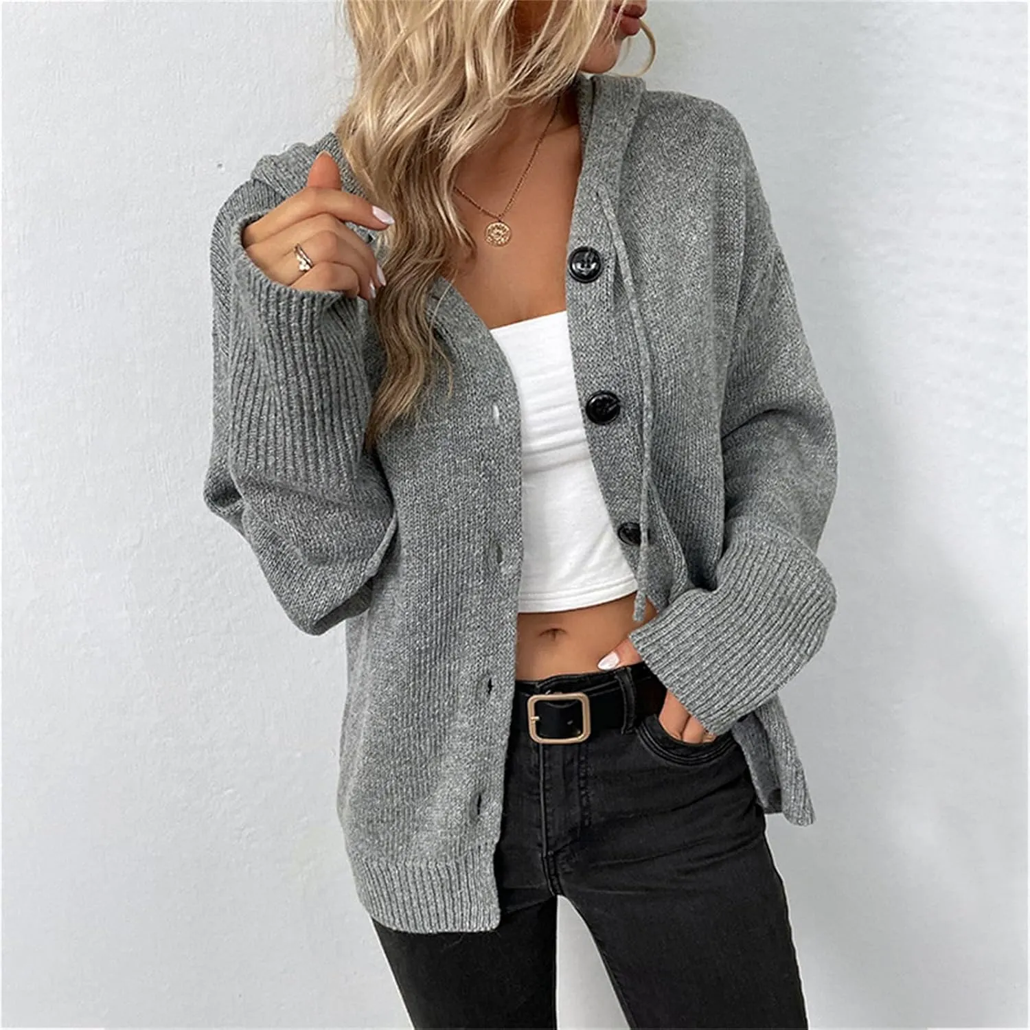 Women's Casual Cardigan 2024 Button Down V Neck Hooded Sweaters Long Sleeve Hoodies Outfits