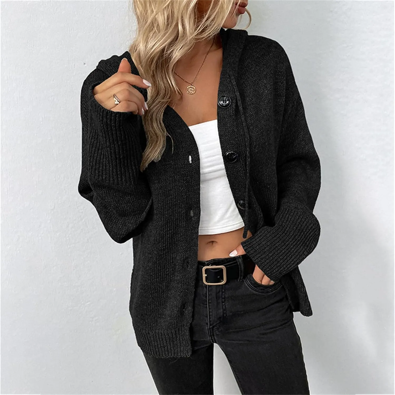 Women's Casual Cardigan 2024 Button Down V Neck Hooded Sweaters Long Sleeve Hoodies Outfits