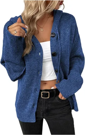 Women's Casual Cardigan 2024 Button Down V Neck Hooded Sweaters Long Sleeve Hoodies Outfits