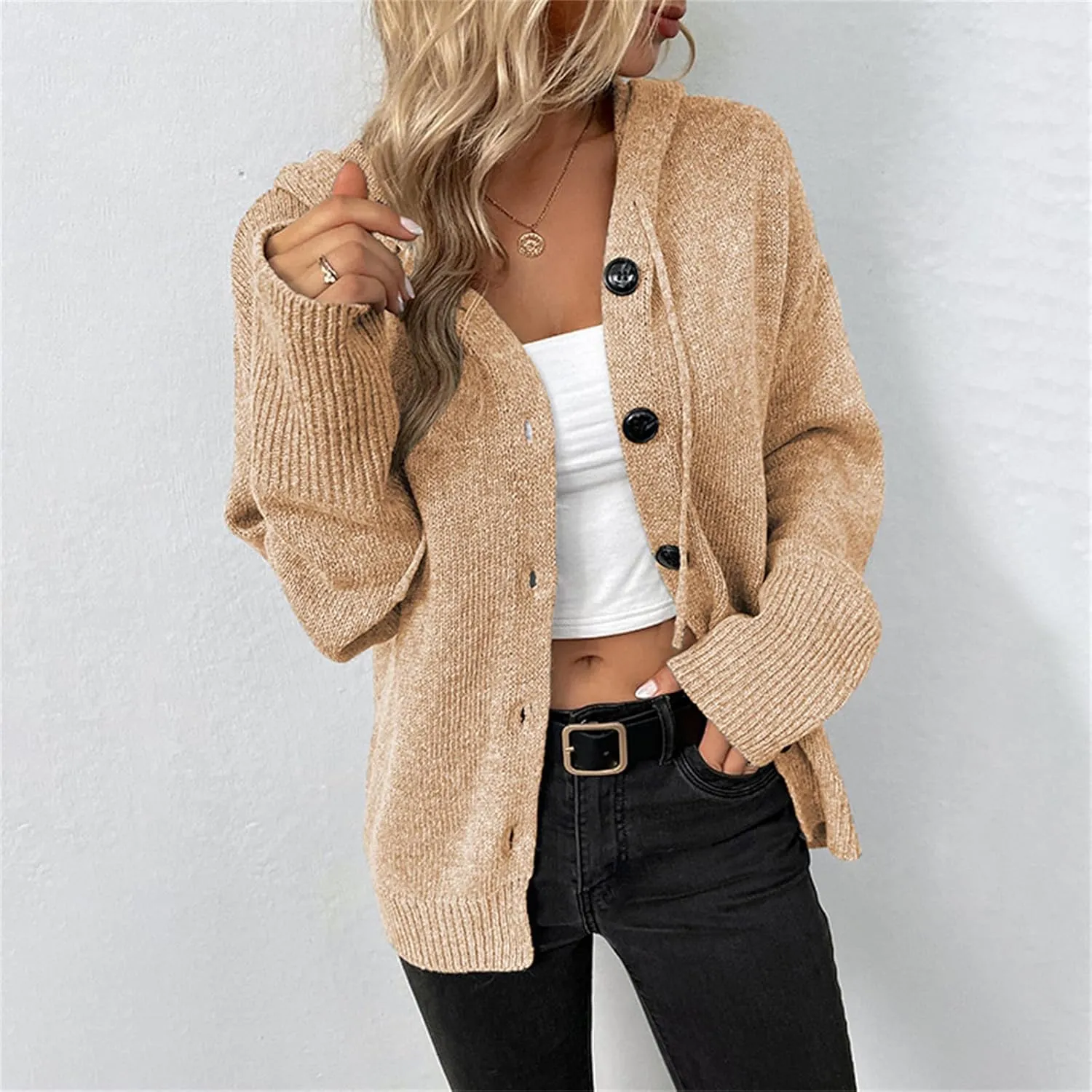 Women's Casual Cardigan 2024 Button Down V Neck Hooded Sweaters Long Sleeve Hoodies Outfits