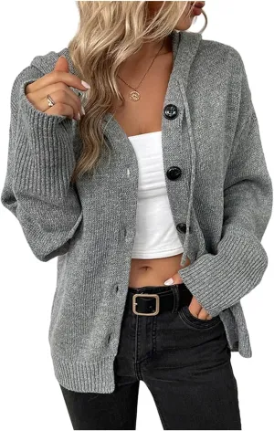 Women's Casual Cardigan 2024 Button Down V Neck Hooded Sweaters Long Sleeve Hoodies Outfits