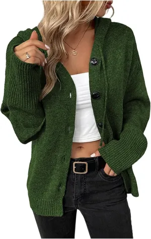 Women's Casual Cardigan 2024 Button Down V Neck Hooded Sweaters Long Sleeve Hoodies Outfits