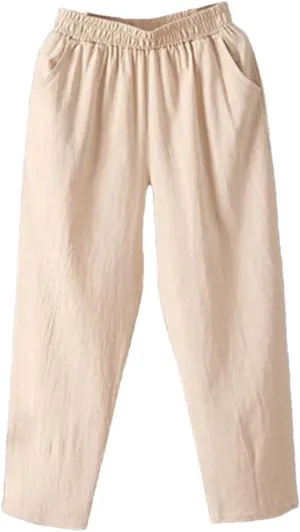 Women's Casual Cotton Linen Harem Pants Loose Solid Elastic Waist Ankle-Length Pants