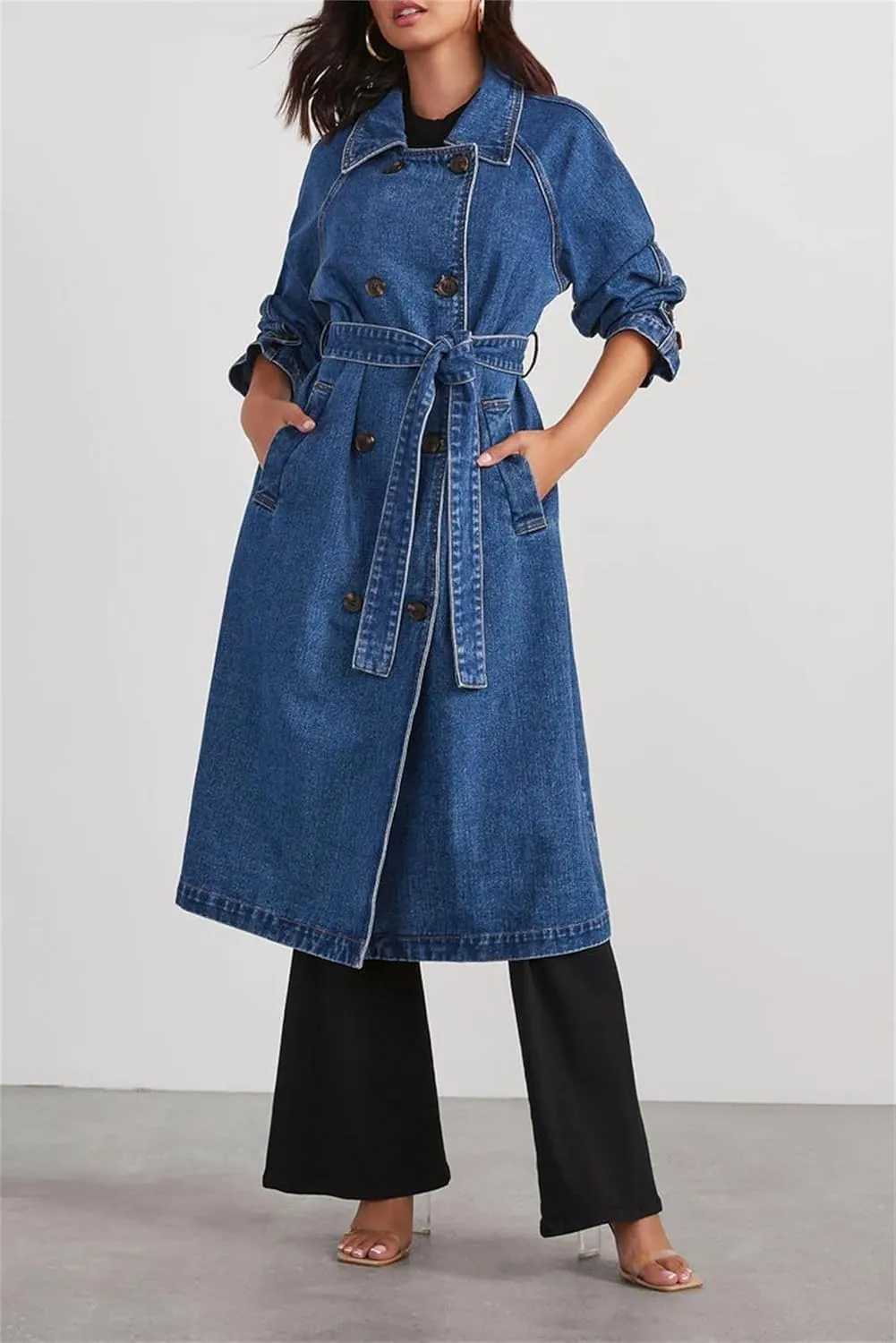 Women's Casual Double Breasted Long Denim Trench Coats Jean Jacket Trench Coat with Belt Duster Jackets