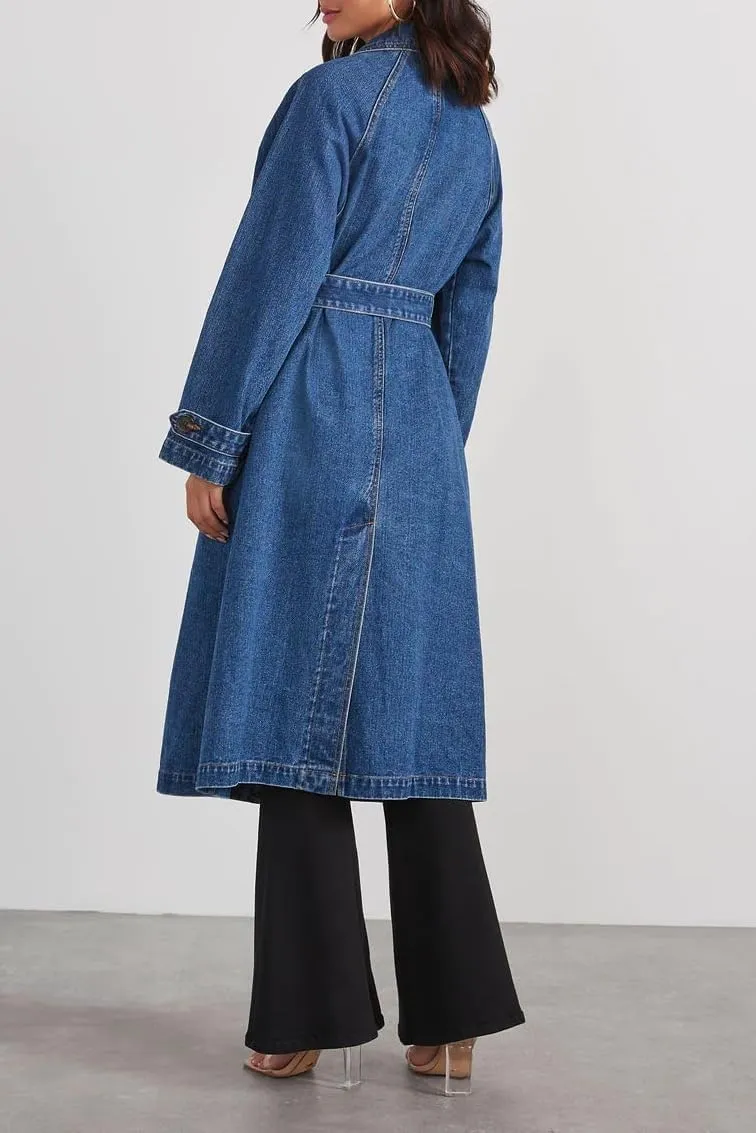 Women's Casual Double Breasted Long Denim Trench Coats Jean Jacket Trench Coat with Belt Duster Jackets