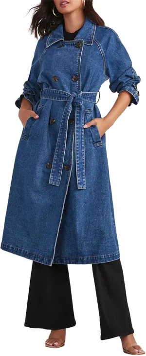 Women's Casual Double Breasted Long Denim Trench Coats Jean Jacket Trench Coat with Belt Duster Jackets
