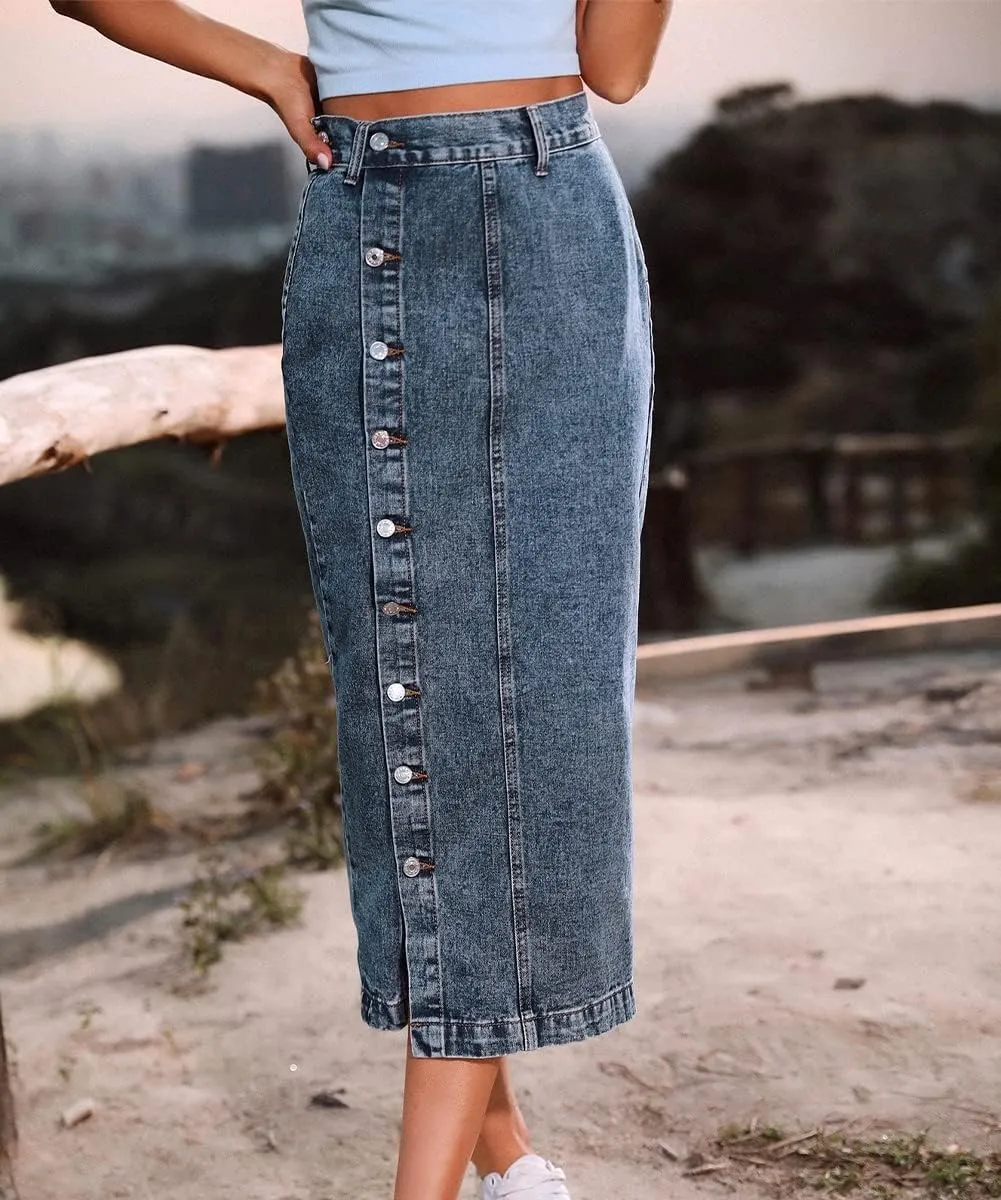 Women's Casual High Waisted Button Up Denim Midi Skirts Irregular Split A Line Jean Pencil Skirt