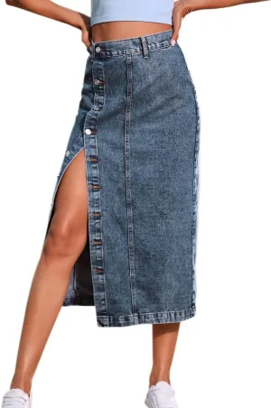 Women's Casual High Waisted Button Up Denim Midi Skirts Irregular Split A Line Jean Pencil Skirt