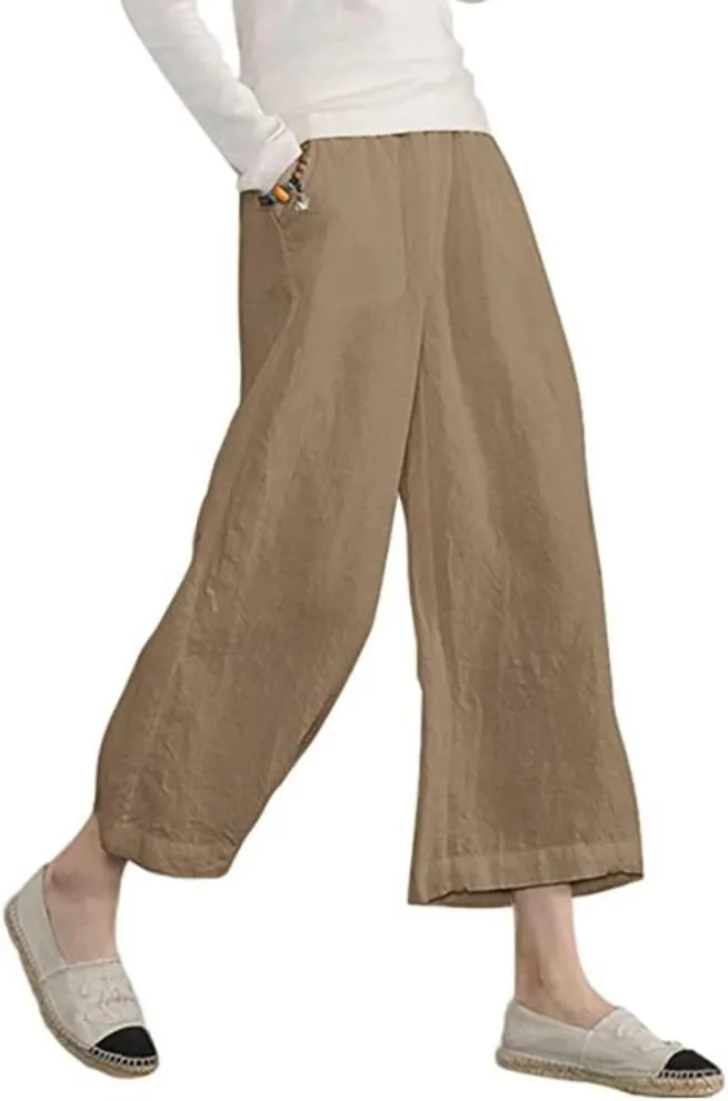 Womens Casual Lightweight Elastic Waist Linen Cotton Trouser Cropped Wide Leg Pants
