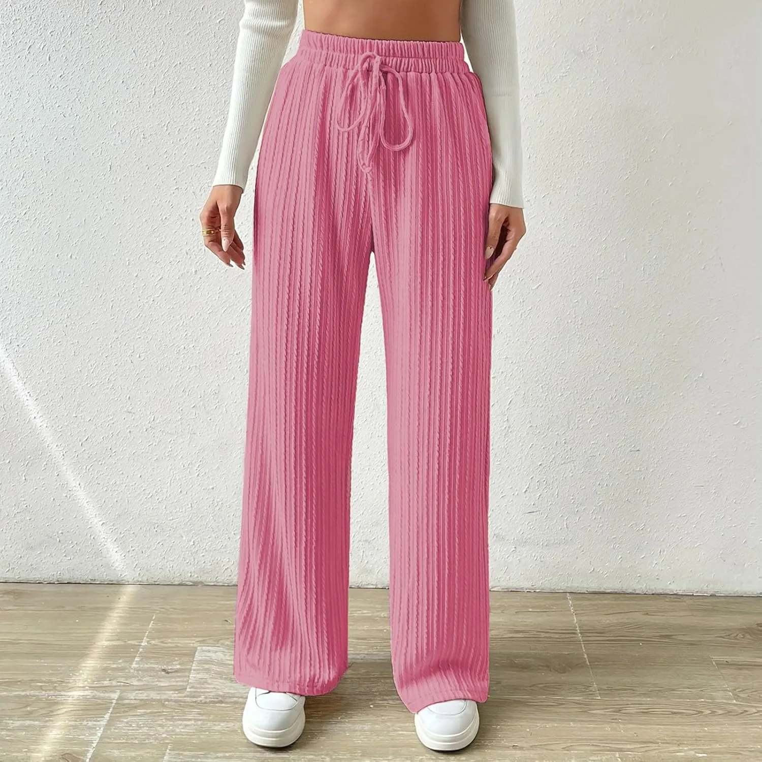 Women's Casual Rib Knit High Elastic Waist Elastic Waist Pant Wide Leg Pant Pants Trousers Plaid Casual Pants for Women