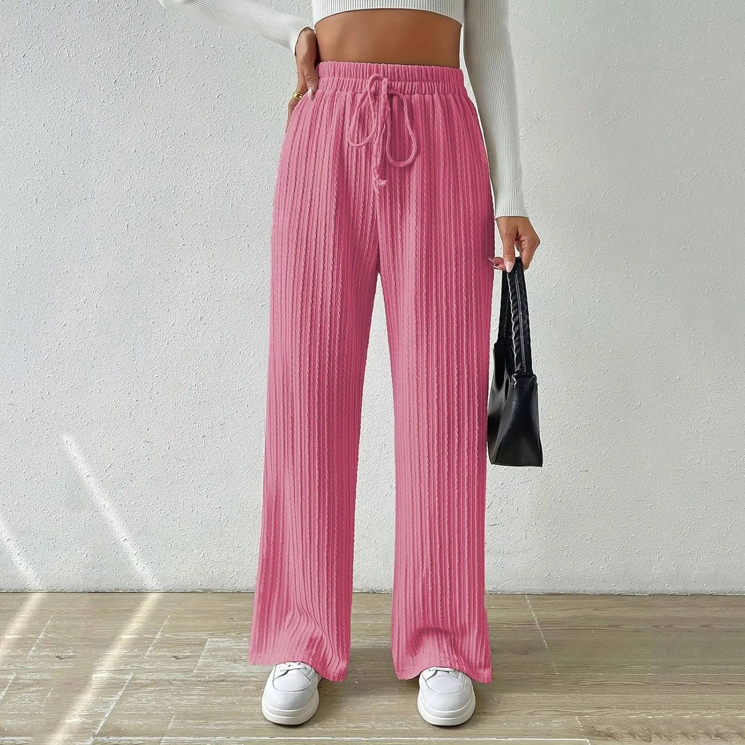 Women's Casual Rib Knit High Elastic Waist Elastic Waist Pant Wide Leg Pant Pants Trousers Plaid Casual Pants for Women