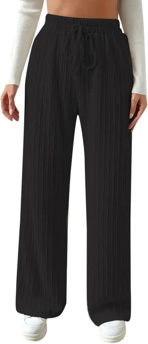 Women's Casual Rib Knit High Elastic Waist Elastic Waist Pant Wide Leg Pant Pants Trousers Plaid Casual Pants for Women