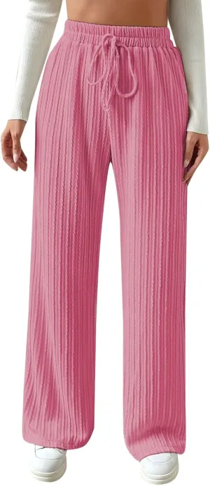 Women's Casual Rib Knit High Elastic Waist Elastic Waist Pant Wide Leg Pant Pants Trousers Plaid Casual Pants for Women