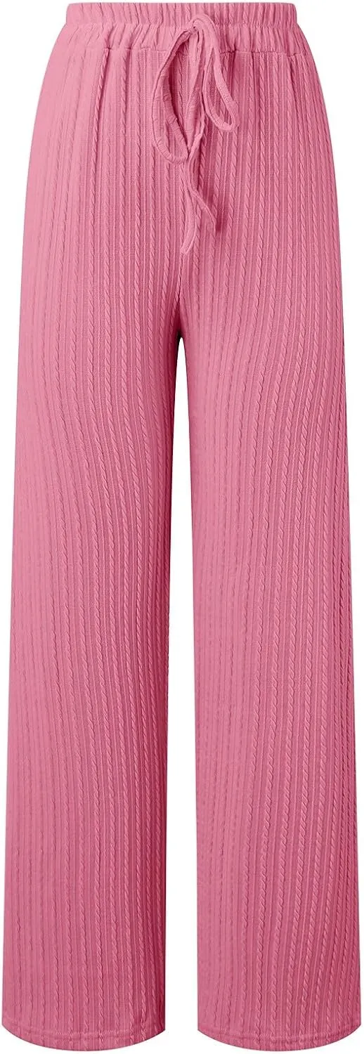 Women's Casual Rib Knit High Elastic Waist Elastic Waist Pant Wide Leg Pant Pants Trousers Plaid Casual Pants for Women