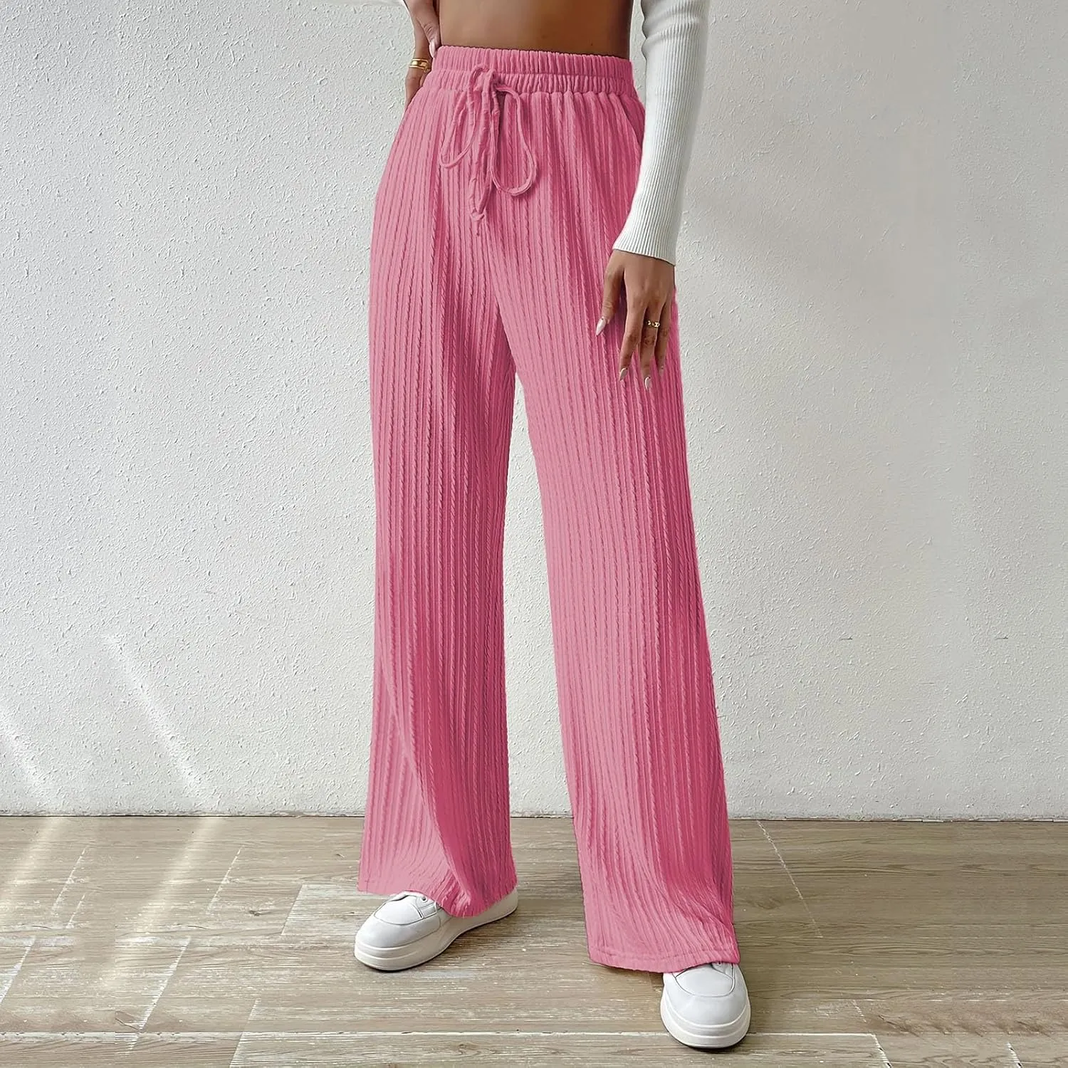 Women's Casual Rib Knit High Elastic Waist Elastic Waist Pant Wide Leg Pant Pants Trousers Plaid Casual Pants for Women
