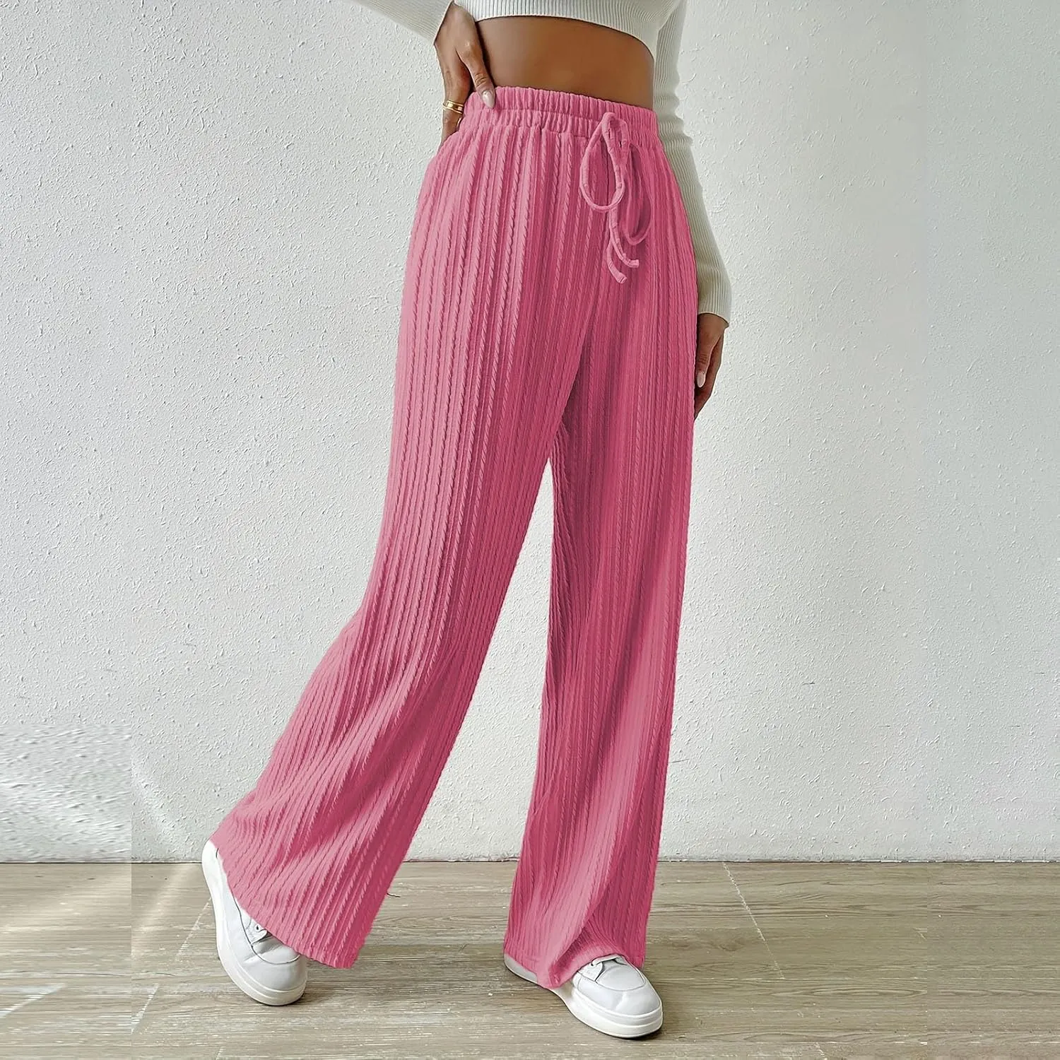Women's Casual Rib Knit High Elastic Waist Elastic Waist Pant Wide Leg Pant Pants Trousers Plaid Casual Pants for Women