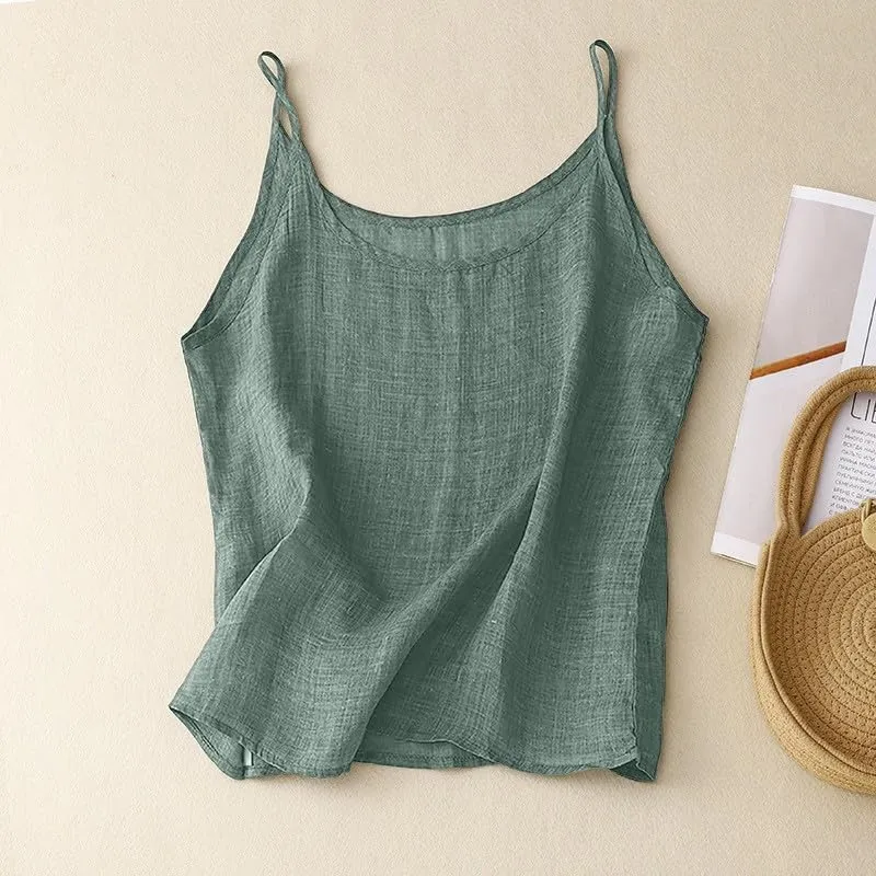 Women's Causal Linen Tops Lightweight Cotton Linen Camisole Tank Tops Summer Loose Fit Spaghetti Strap Cami Shirts