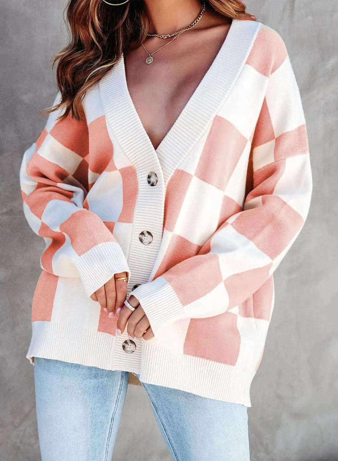 Womens Checkered Sweater Button Down Plaid V Neck Long Sleeve Cardigan Color Block Cable Knit Oversized Sweaters Tops