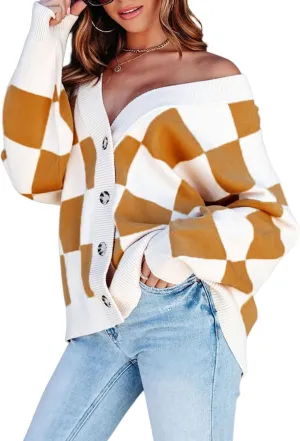 Womens Checkered Sweater Button Down Plaid V Neck Long Sleeve Cardigan Color Block Cable Knit Oversized Sweaters Tops