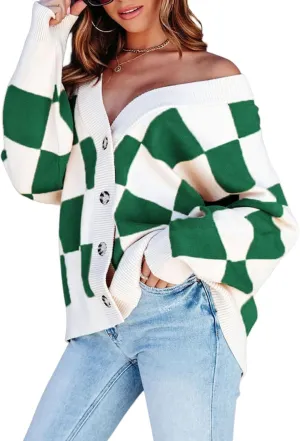 Womens Checkered Sweater Button Down Plaid V Neck Long Sleeve Cardigan Color Block Cable Knit Oversized Sweaters Tops