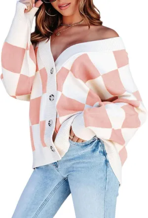 Womens Checkered Sweater Button Down Plaid V Neck Long Sleeve Cardigan Color Block Cable Knit Oversized Sweaters Tops