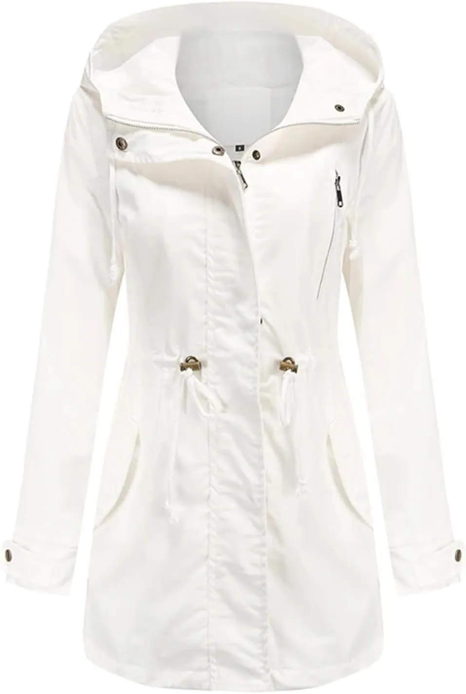 Women's Cotton Hooded Trench Coat Long Sleeve Zipper Loose Drawstring Solid Mid-Length Windbreaker Jacket