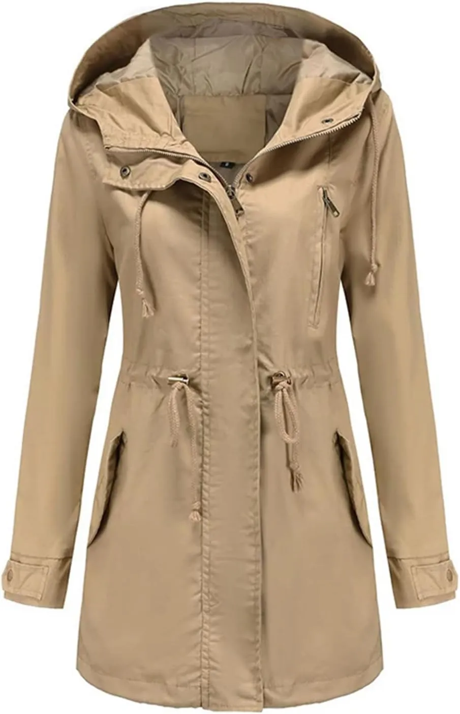 Women's Cotton Hooded Trench Coat Long Sleeve Zipper Loose Drawstring Solid Mid-Length Windbreaker Jacket
