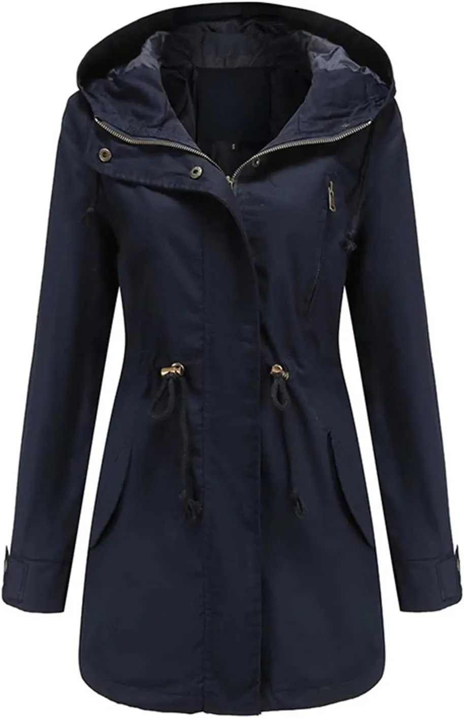 Women's Cotton Hooded Trench Coat Long Sleeve Zipper Loose Drawstring Solid Mid-Length Windbreaker Jacket