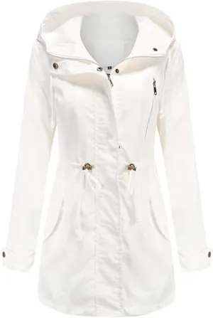 Women's Cotton Hooded Trench Coat Long Sleeve Zipper Loose Drawstring Solid Mid-Length Windbreaker Jacket