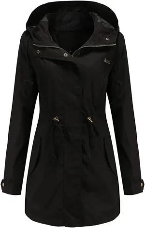 Women's Cotton Hooded Trench Coat Long Sleeve Zipper Loose Drawstring Solid Mid-Length Windbreaker Jacket