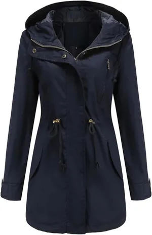 Women's Cotton Hooded Trench Coat Long Sleeve Zipper Loose Drawstring Solid Mid-Length Windbreaker Jacket