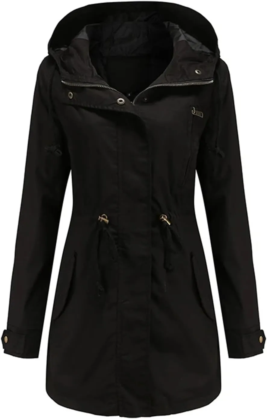 Women's Cotton Hooded Trench Coat Long Sleeve Zipper Loose Drawstring Solid Mid-Length Windbreaker Jacket