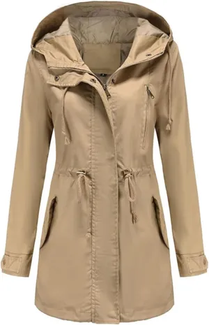 Women's Cotton Hooded Trench Coat Long Sleeve Zipper Loose Drawstring Solid Mid-Length Windbreaker Jacket